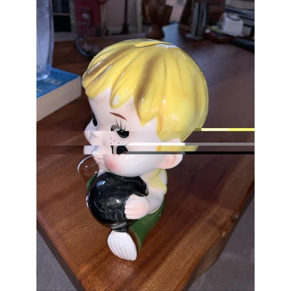 Vintage Japan Kitschy Boy w/Bowling Ball Pin Ceramic Still Bank Japan
